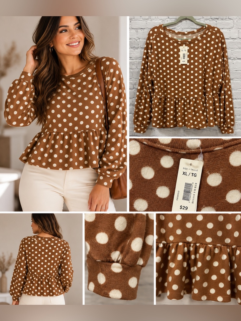 Joe Fresh x Gillian Polka Dot Peplum Sweater Top NWT XL